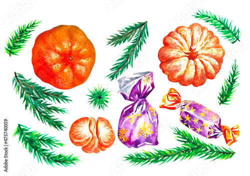 Fototapeta Naklejka Na Ścianę i Meble -  New Year's sweet set of canfeta and oranges in watercolor technique