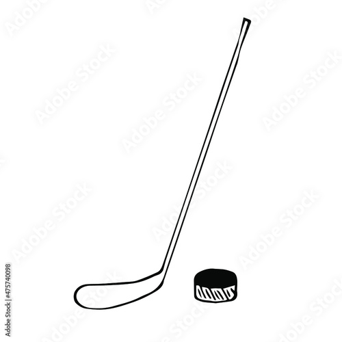 Hockey stick and puck vector illustration, hand drawing doodle
