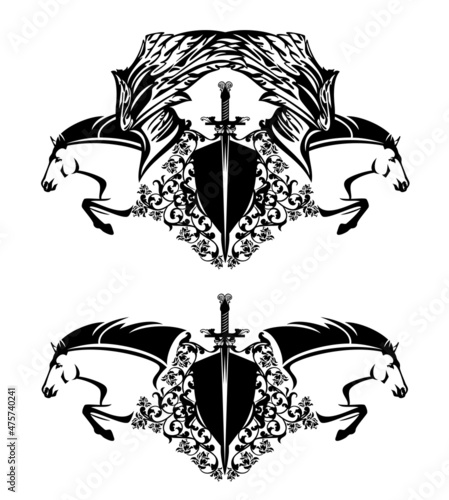 pair of flying pegasus horses with heraldry shield and knight sword among rose flowers - black and white animals with heraldic vector design elements