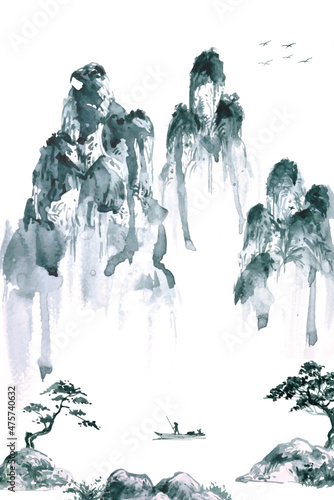 Watercolor painting of vertical scenery in oriental Chinese style. 