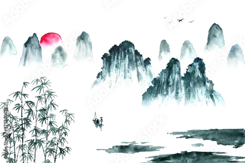 Watercolor painting of scenery in oriental Chinese style.  photo