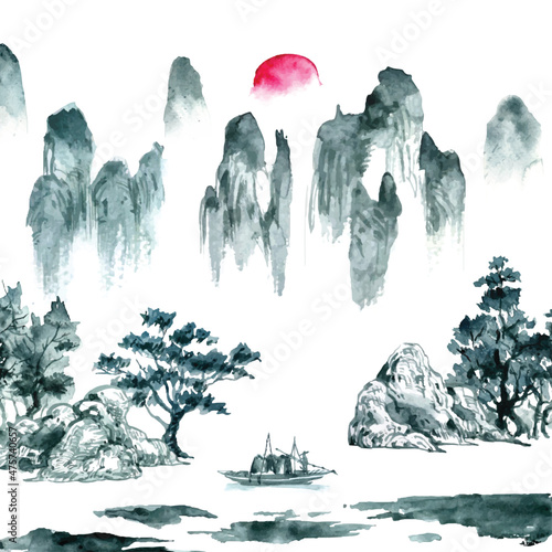 Watercolor painting of the sunset scenery between the middle hills. in oriental Chinese style.