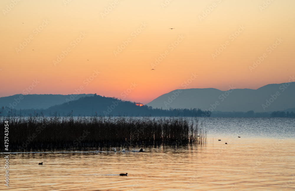 Sunset over the lake of biel