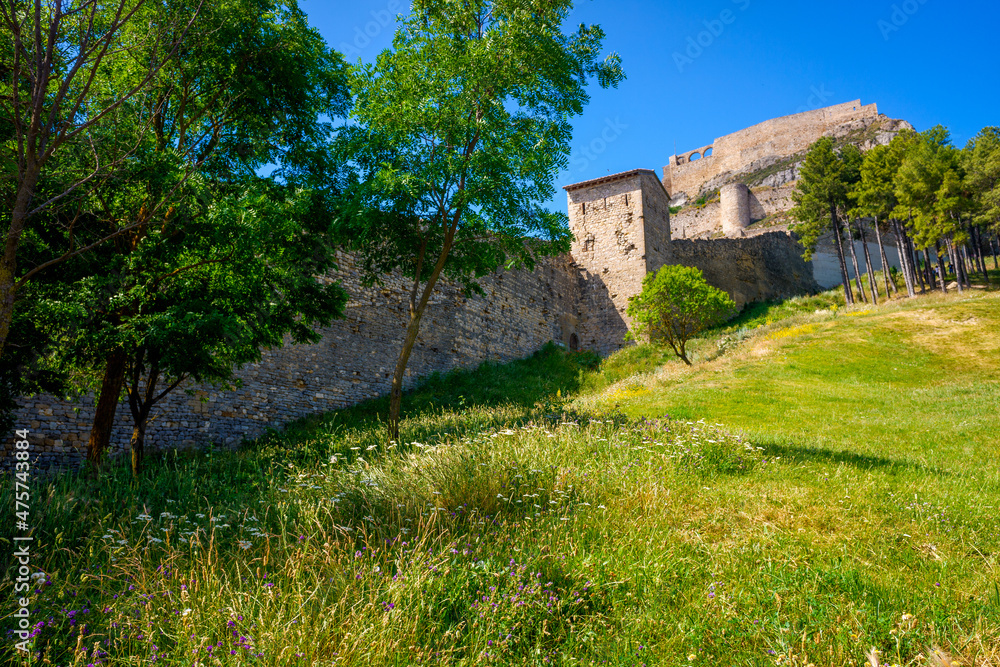 Ancient walls of a fortified city with a green grass meadow.