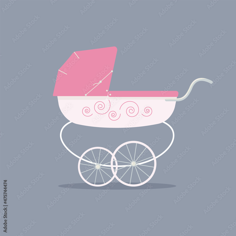 Cute luxury stroller for girl in white and pink colors on blue background. Transport for walking with baby.For advertising children products and goods.Vector flat illustration