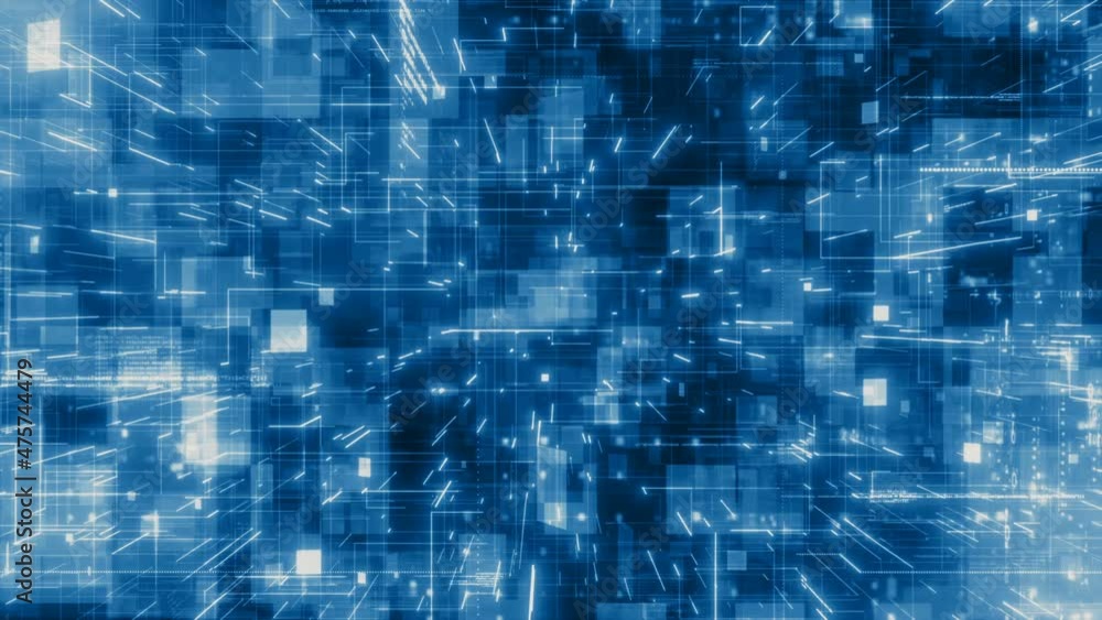 Motion graphic 4K camera flying into a blue digital technologic abstract hologram 3d matrix. Big Data Digital futuristic code network connection concept. Seamless loop 3D render Motion graphic 4K camera flying into a blue digital technologic abstract hologram 3d matrix. Big Data Digital futuristic code network connection concept. Seamless loop 3D render