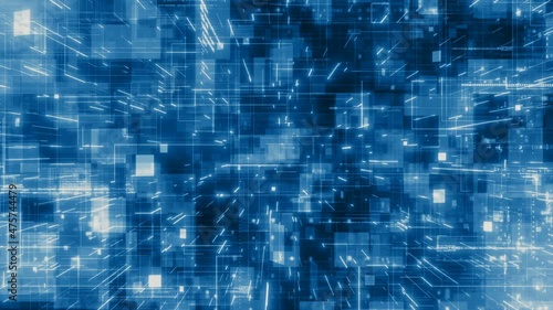Motion graphic 4K camera flying into a blue digital technologic abstract hologram 3d matrix. Big Data Digital futuristic code network connection concept. Seamless loop 3D render