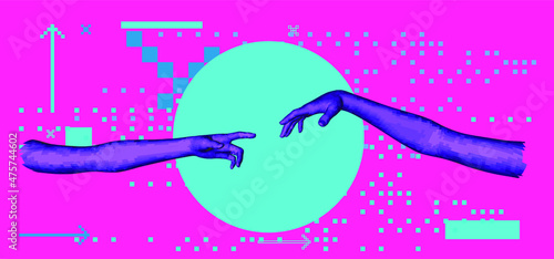 Vector low poly 3D model of hands going to touch together, reminiscent of Michelangelo's artwork. Conceptual illustration of Artificial intelligence.