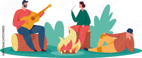 Outdoor rest people near campfire with guitar. Vector summer vacation and campfire, nature outdoor rest illustration