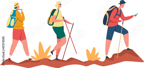 Group of tourists walk, hiking and trekking. Trekking and hiking adventure. Vector illustration outdoor backpack