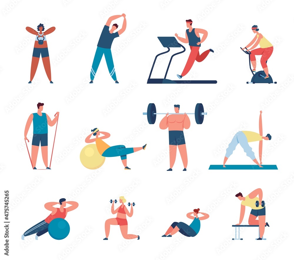 People exercise in gym, athletes training with sports equipment. Characters stretching, lifting dumbbells, fitness workout vector set. Man having cardio training on treadmill, woman doing yoga