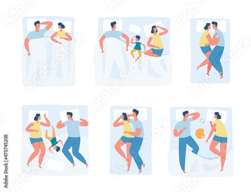 Couples in different sleep positions, family sleeping in bed together. Child sleeping with parents, young couple hugging in sleep vector set. Husband and wife lying in bed with kid or cat