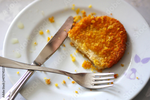 Wall Mural leftover chicken schnitzel for the plate, piece of schnitzel on the plate, plate