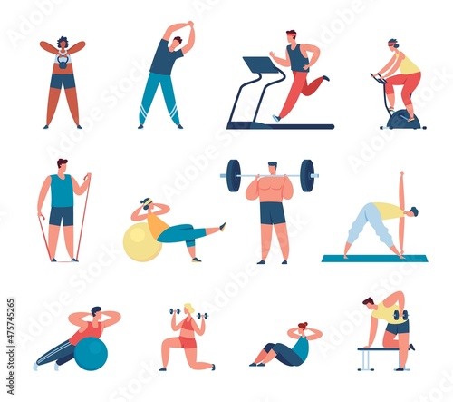 People exercise in gym, athletes training with sports equipment. Characters stretching, lifting dumbbells, fitness workout vector set. Man having cardio training on treadmill, woman doing yoga