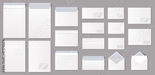 Realistic paper envelopes, white blank mailing envelope with letter. Open and closed envelopes in different sizes vector mockup set. Front and back view of objects for correspondence