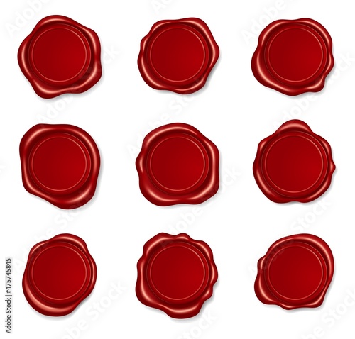 Realistic red wax seal, round sealing stamps. Embossing envelope stamp for envelope or certificate, medieval sealed letter label vector set. Empty aged sign for diploma or confidential document