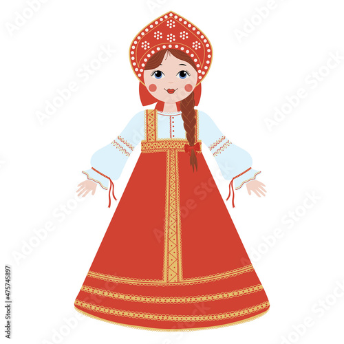 Russian girl in Russian national clothes, dress and kokoshnik.