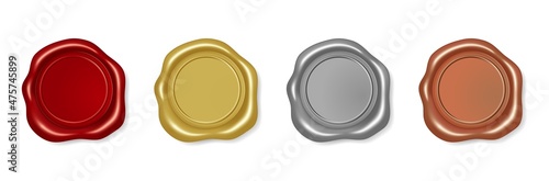 Red and gold wax seal stamp, silver or platinum certificate seals. Realistic wax medallion signature stamps, sealed letter labels vector set. Royal guarantee for scroll or certificate