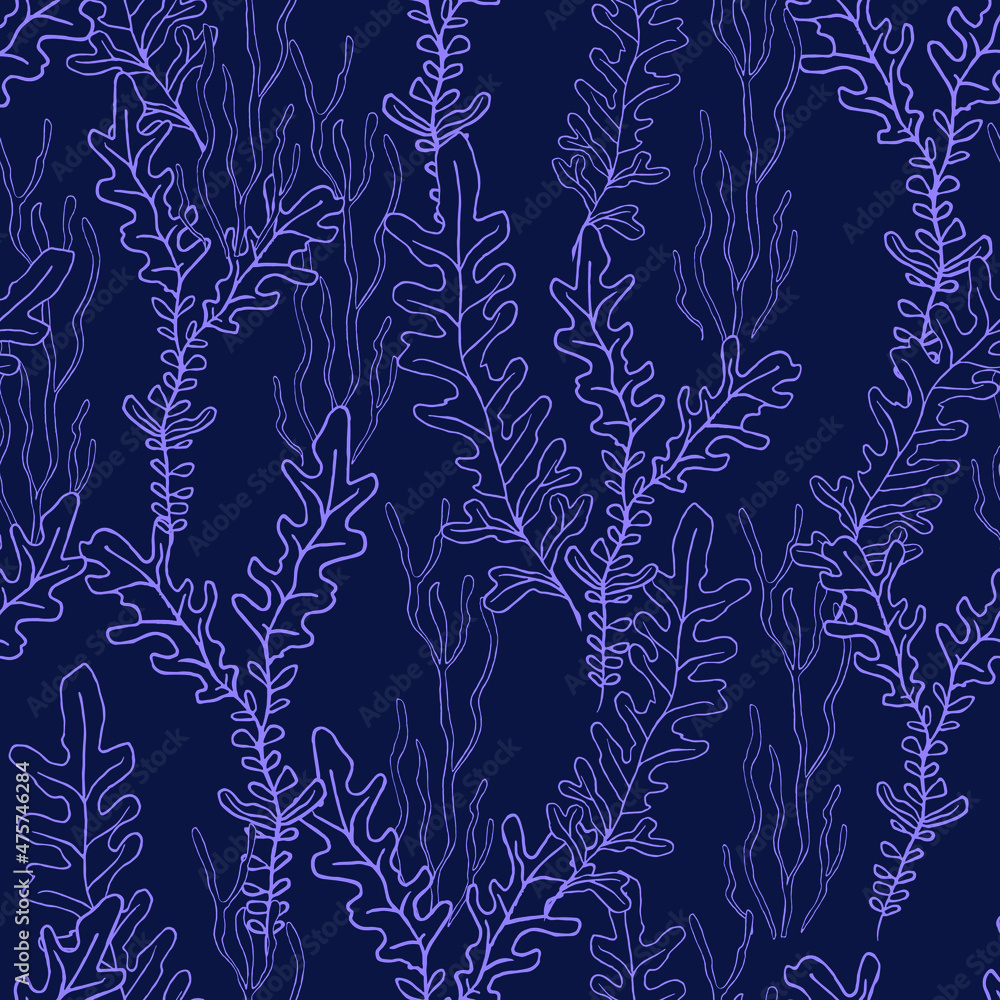 Seamless vector pattern with outline seaweeds on deep blue background ...