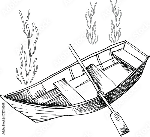 Ink drawing of the boat with oar and seaweeds. The boat and the seaweeds are in different layers. Vector illustration in vintage style.