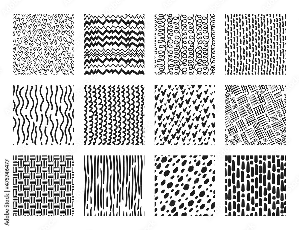 Cute hand drawn seamless patterns with dots, waves, scribbles. Abstract print or fabric pattern, hearts or lines doodles vector texture set. Simple monochrome swirls and stripes for textile