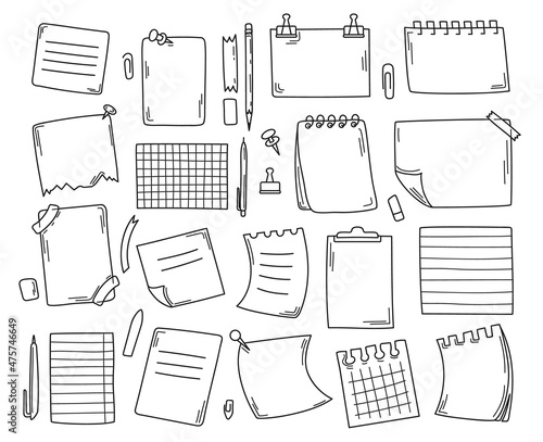Doodle paper note, hand drawn notebook pages and sticky notes. Empty papers sheets sketches, cute memo stickers with pin or tape vector set. Journal or reminder for writing pencil or pen