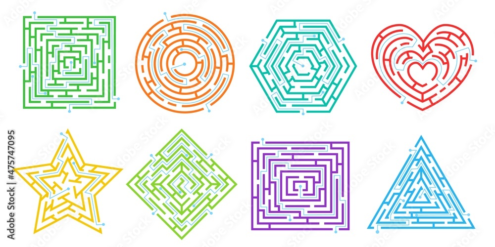 Maze puzzle games in different shapes, simple labyrinths for kids