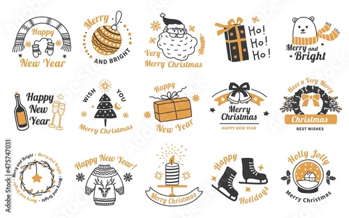 Christmas lettering labels, xmas emblem with hand drawn elements. New year, winter holidays cute badges with santa, gifts, tree toys vector set. Greeting cards text with mittens and scarf, champagne