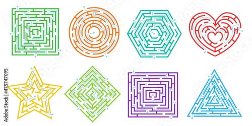 Maze puzzle games in different shapes, simple labyrinths for kids. Route finding game, labyrinth puzzles, find path riddles vector set. Challenge for child, searching way or direction