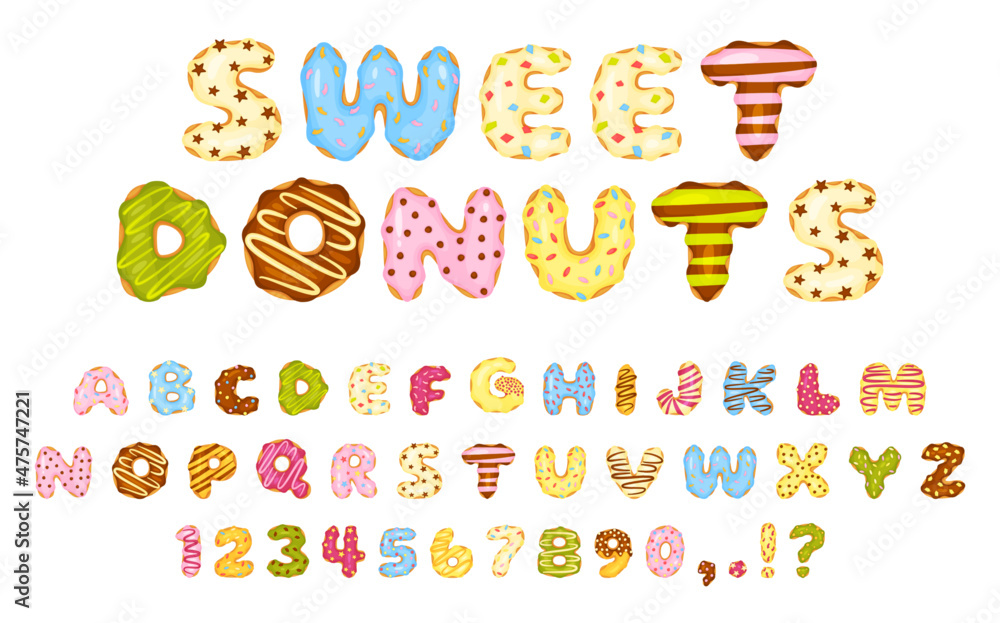 Cartoon sweet donuts font, colorful glazed donut letters and numbers. Cute dessert alphabet, delicious abc doughnuts with sprinkles vector set. English language, numerals and punctuation marks