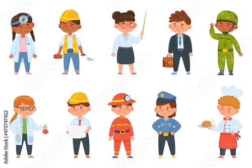 Cartoon kids of different professions, children in professional uniforms. Boy and girl firefighter, doctor, teacher, chef, engineer vector set. Young characters choosing future career