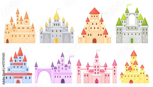 Cartoon medieval castles, ancient fortress, fairy tale palace. Fortified palace exterior, mansion, fairytale princess castle towers vector set. Historical defensive building or old royal kingdom