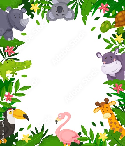 Cartoon jungle frame with cute african animals and tropical leaves. Animal characters in rainforest border with space for text vector background. Flamingo, rhino, giraffe for invitation card
