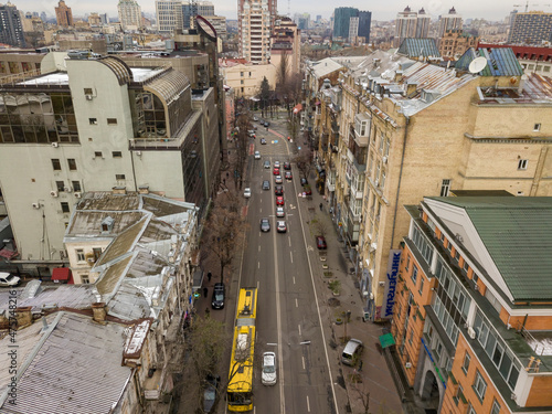 City street in Kiev in cloudy weather. Aerial drone view.