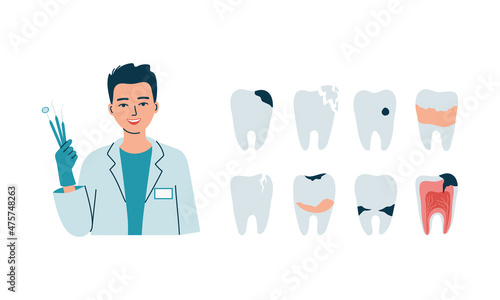 Young doctor dentist with icons of dental problems with teeth. Caries, cracks, tartar, inflammation. Dentistry, oral care and treatment. Isolated flat vector illustration