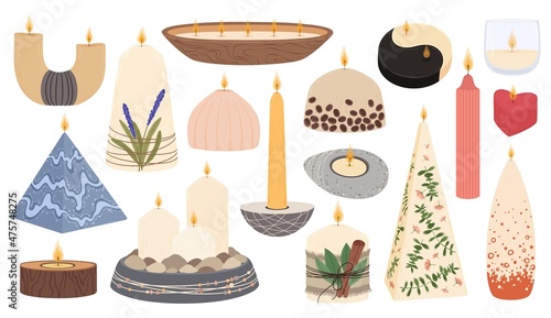 Scented candles in various shapes, aromatic burning wax candle. Decorative candlelight with flowers, spa aromatherapy candles vector set. Home interior decoration for harmony and meditation