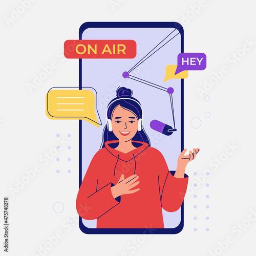 Young woman with headphones is hosting a podcast online in live streaming. Concept of audio recording of a vlog, broadcast, lecture in a mobile application. Flat vector illustration.