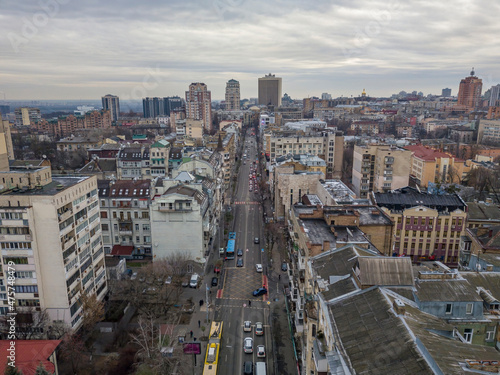 City street in Kiev in cloudy weather. Aerial drone view.