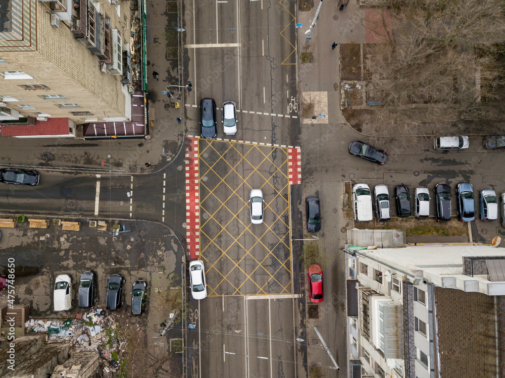 City street in Kiev in cloudy weather. Aerial drone view.