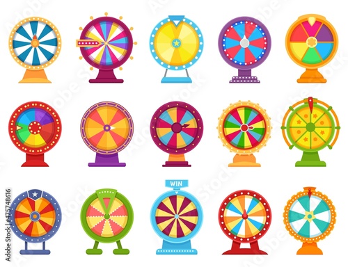 Fortune wheels, spinning roulette, lucky spin game. Casino gambling wheel, colorful turning roulette, jackpot lottery games flat vector set. Opportunity to win or lose, entertainment