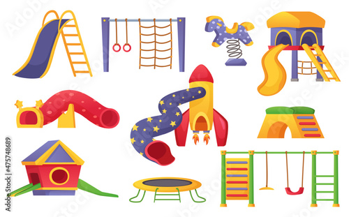 Kids playground elements, children park play equipment. Cartoon slide, swing, trampoline, horse, playset for outdoor kindergarten vector set. Sport activities or playtime for children