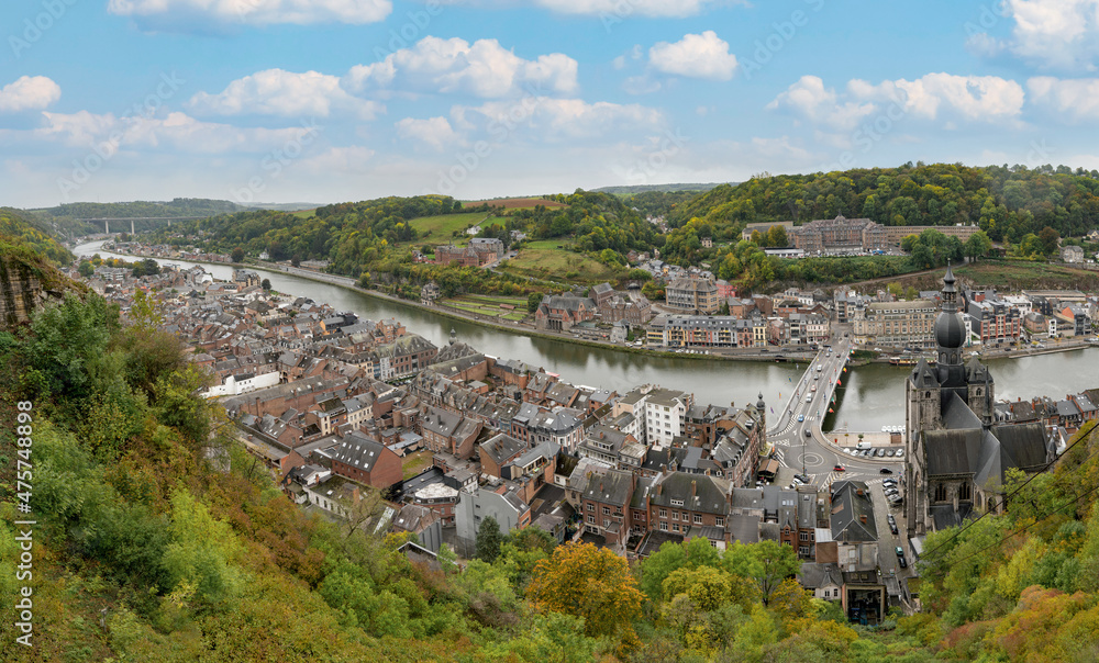 Beautiful city Dinant with church and bridge and famous for sax, Belgium.