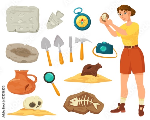Cartoon archaeological tools and equipment, ancient artifacts and fossils. Archaeologist at work, archeology expedition elements vector set. Female character exploring bones, excavation concept