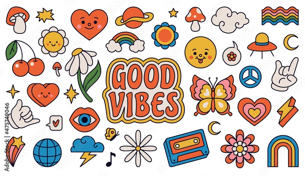 Retro 70s groovy elements, cute funky hippy stickers. Cartoon daisy