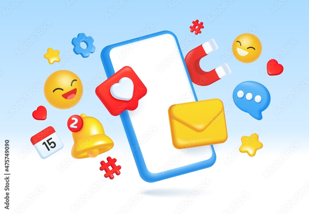 3d social media, digital marketing, online communication concept. Social network, mobile advertising and targeting vector illustration. Smartphone screen with emoji, bell for notification 3d social media, digital marketing, online communication concept. Social network, mobile advertising and targeting vector illustration. Smartphone screen with emoji, bell for notification