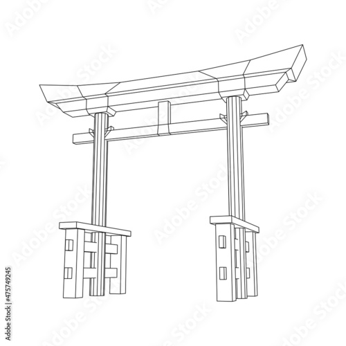 Torii sacred traditional gate. Symbol of Japan,shintoism religion. Japanese Tori arch ancient entrance. Wireframe low poly mesh vector illustration