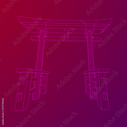 Torii sacred traditional gate. Symbol of Japan,shintoism religion. Japanese Tori arch ancient entrance. Wireframe low poly mesh vector illustration