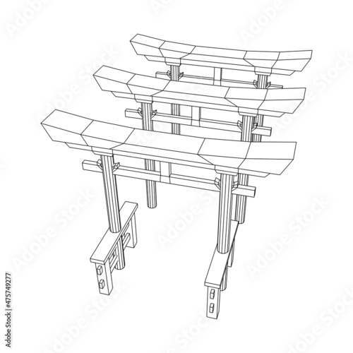 Torii sacred traditional gate. Symbol of Japan,shintoism religion. Japanese Tori arch ancient entrance. Wireframe low poly mesh vector illustration