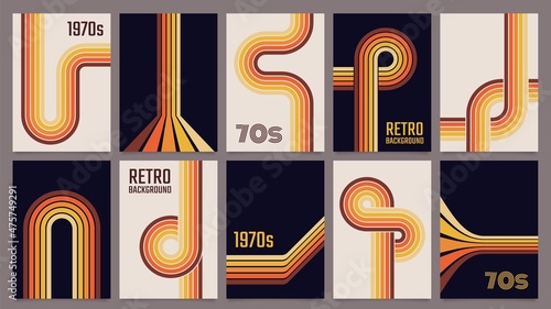 Vintage 70s geometric posters, abstract retro stripes backgrounds. Minimalist 1970s style color lines print or poster template vector set. Flowing wavy colorful paths for album cover photo
