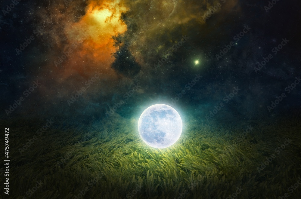 Unreal fantastic image - luminous sphere, similar to full moon, levitates over green wheat field. Bright stars, glowing nebula in dark blue sky Unreal fantastic image - luminous sphere, similar to full moon, levitates over green wheat field. Bright stars, glowing nebula in dark blue sky